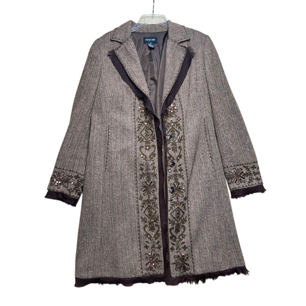 Focus 2000 Womens Brown Herringbone Wool Blend Embroidered Longline Coat Size 12